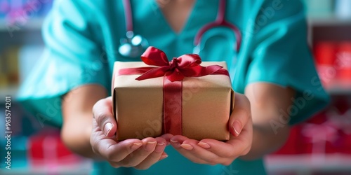 A woman in scrubs holding a gift box with a red ribbon.