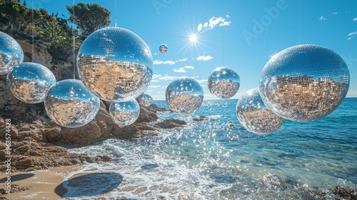 disco balls hang on the beach on the azure coast
