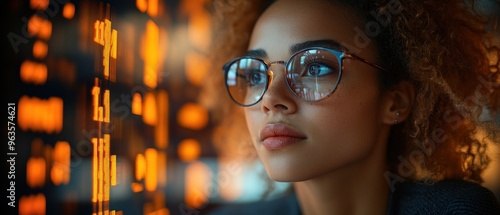 Woman with Curly Hair Wearing Glasses Looking at a Digital Display