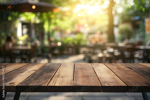 Empty wood table with blur interior outdoor space coffee restaurant or cafe for background .generative ai