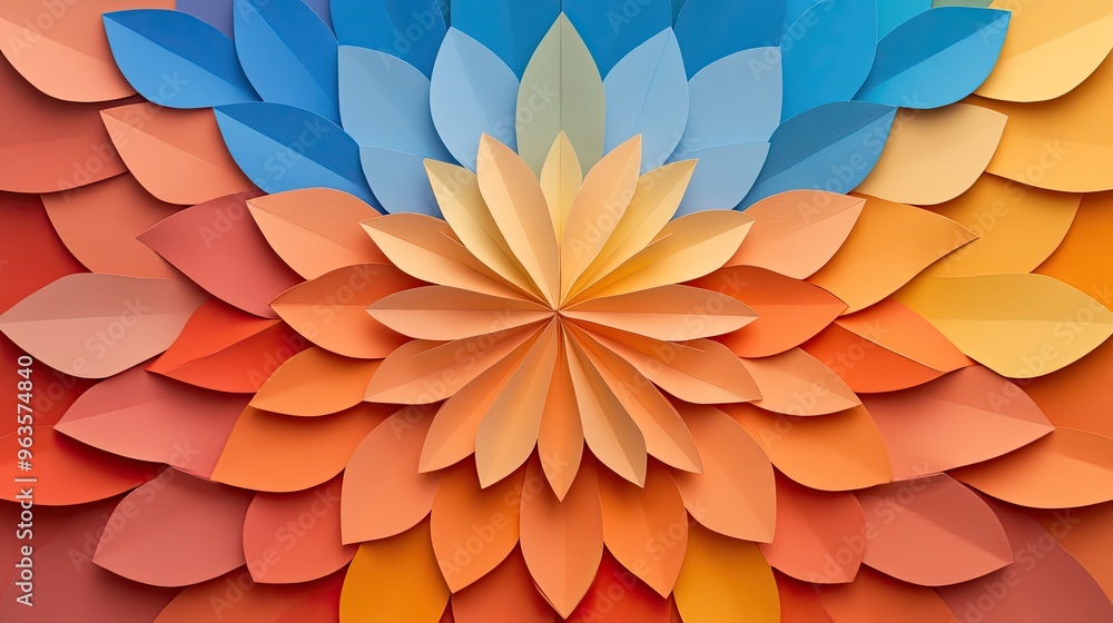 Vibrant paper art design featuring layered petals in warm and cool tones, creating a striking floral pattern for creative projects. Vibrant paper art design featuring layered petals in warm and cool tones, creating a striking floral pattern for creative projects.