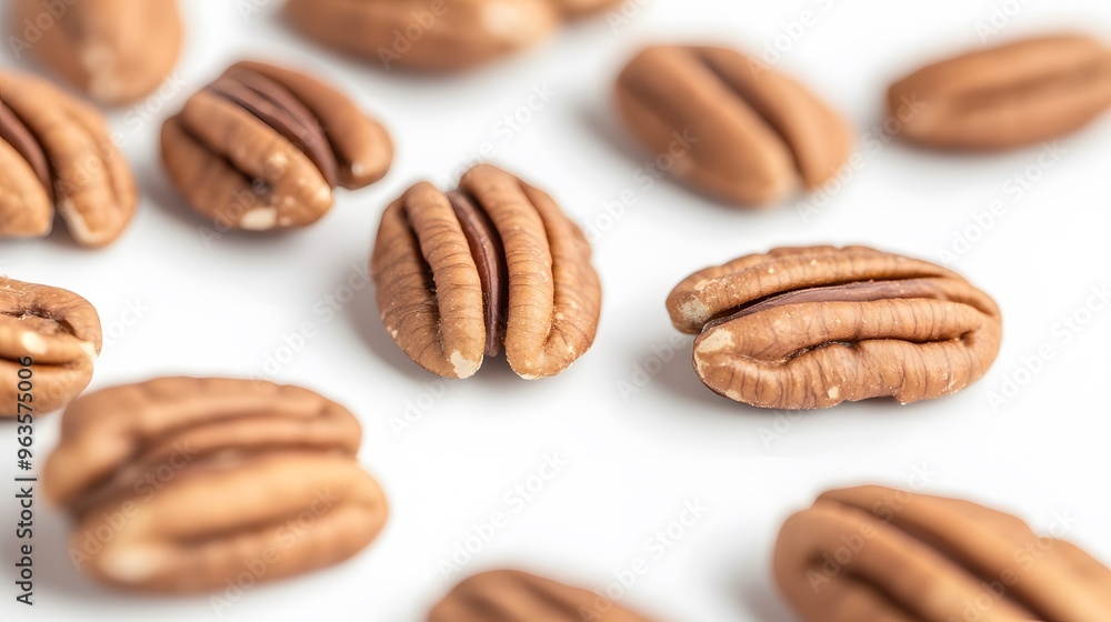 Realistic close-up of scattered pecans on a white background, showcasing their rich brown color and grooved, textured surface with soft shadows Realistic close-up of scattered pecans on a white background, showcasing their rich brown color and grooved, textured surface with soft shadows