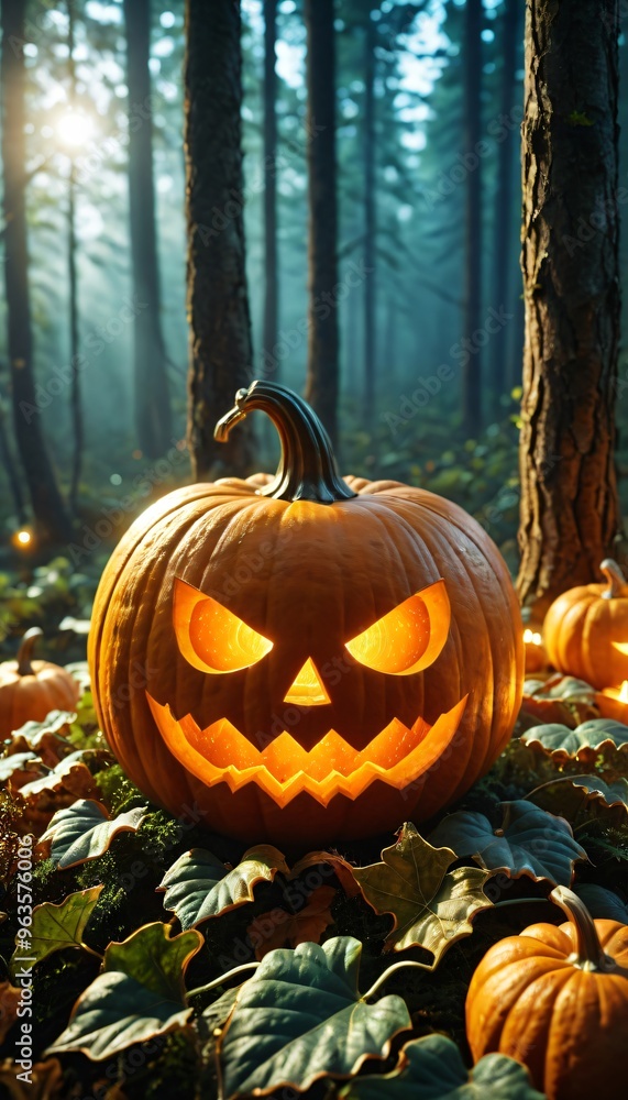 3D Render of a carved pumpkin in a forest. 3D Render of a carved pumpkin in a forest.