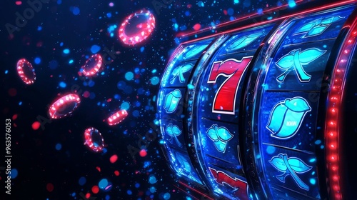 Slot machine Isolated on dark blue background. Online Casino slots banner concept. Lucky triple sevens. Gambling illustration.