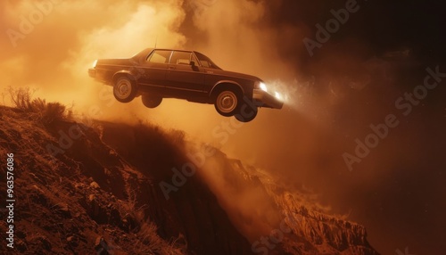 Car flying off a cliff at night with headlights on