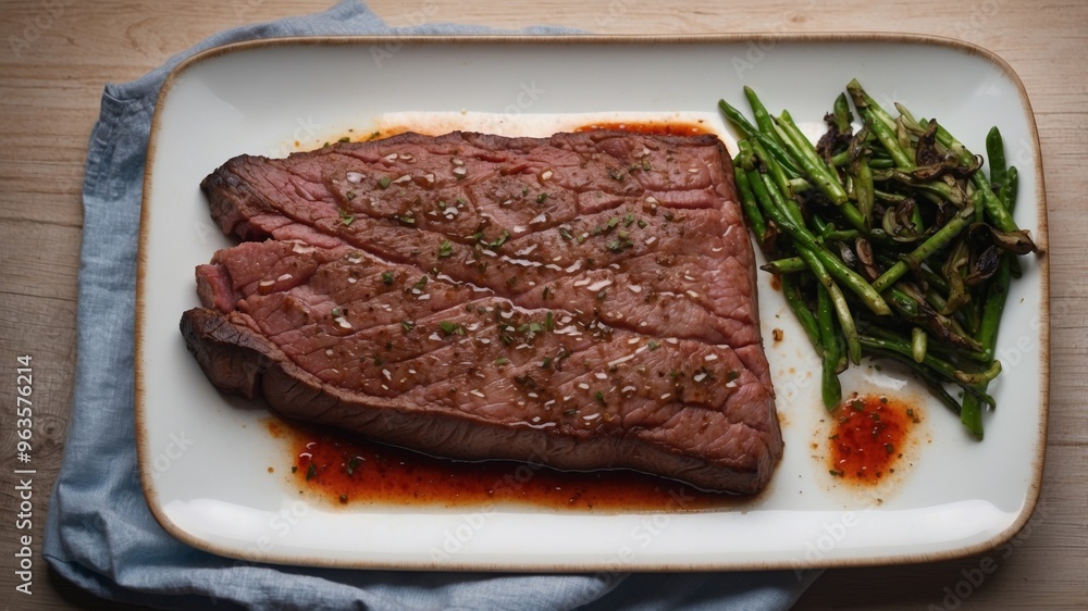 grilled flat iron steak shot in flat lay style from overhead. grilled flat iron steak shot in flat lay style from overhead.