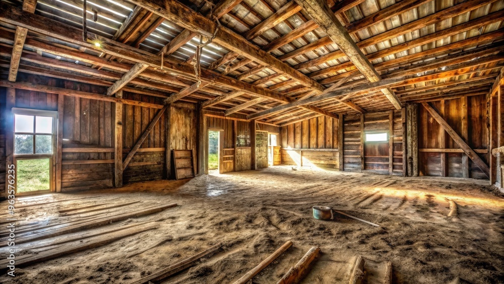 Grunge interior of an old empty barn with rustic wooden walls and dirt floor Grunge interior of an old empty barn with rustic wooden walls and dirt floor