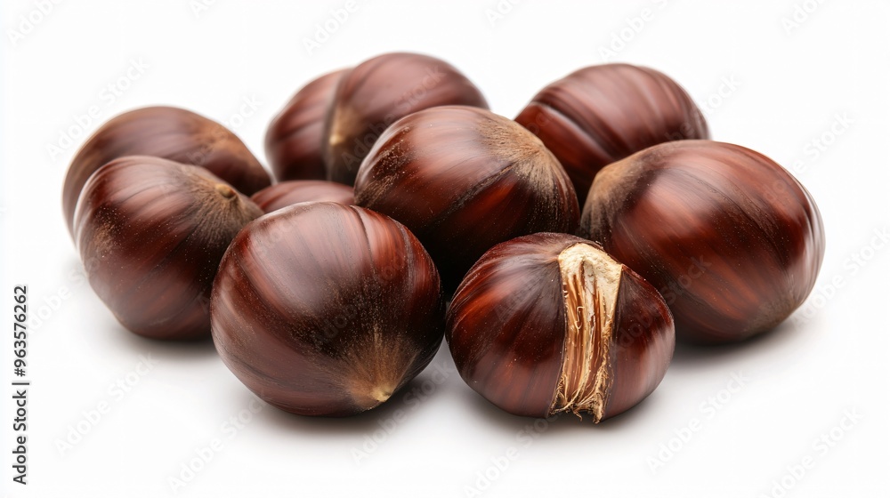 Realistic close-up of chestnuts in their shells on a white background, showcasing their glossy, dark brown exterior and slightly rough texture with fine details Realistic close-up of chestnuts in their shells on a white background, showcasing their glossy, dark brown exterior and slightly rough texture with fine details