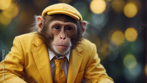 A monkey wearing a yellow suit of a bananas background. photo