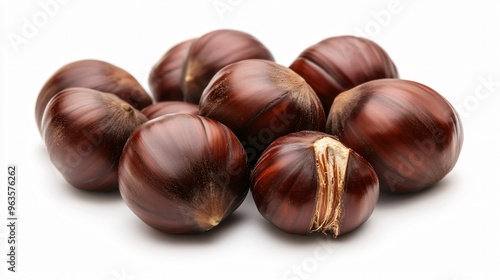 Realistic close-up of chestnuts in their shells on a white background, showcasing their glossy, dark brown exterior and slightly rough texture with fine details