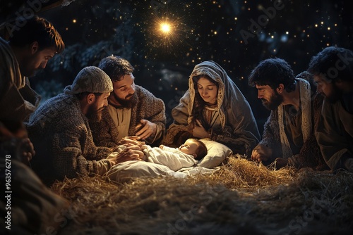 Mary and baby Jesus surrounded by shepherds, with the star of Bethlehem above