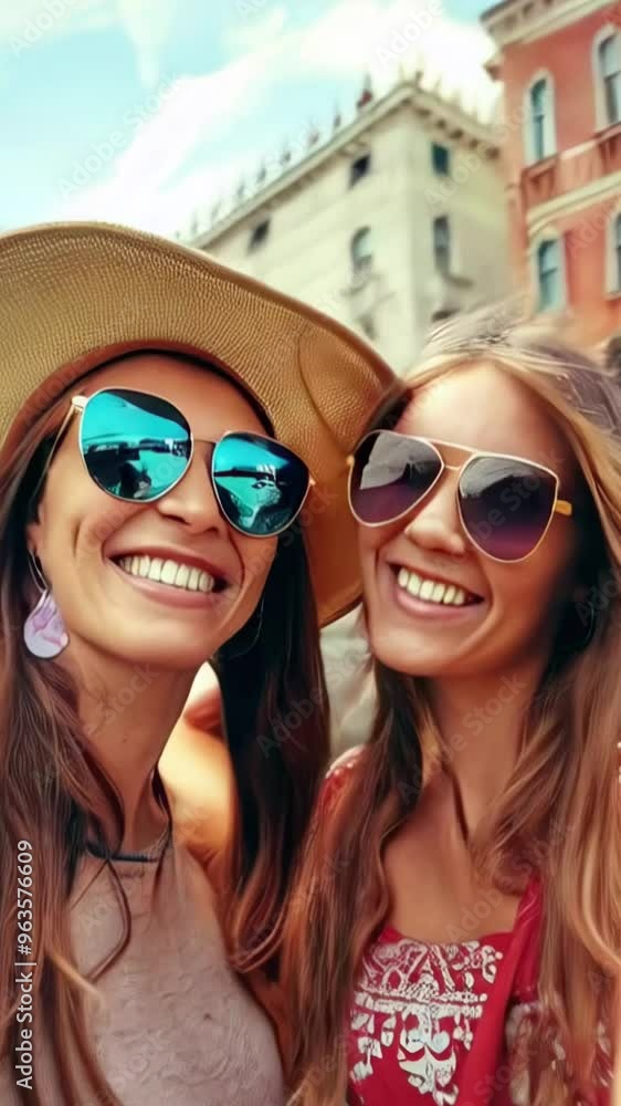 Two attractive young female tourists smiling and shooting selfies on Rialto Bridge in Venice historic center Two attractive young female tourists smiling and shooting selfies on Rialto Bridge in Venice historic center