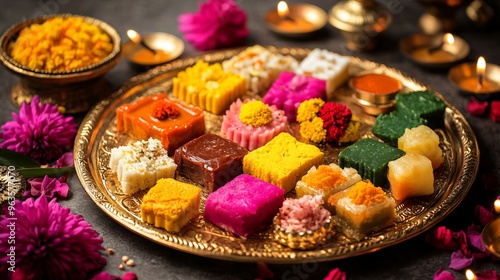 A golden thali filled with assorted mithai, including brightly colored halwa squares and khoya peda, surrounded by festive flowers and diyas photo