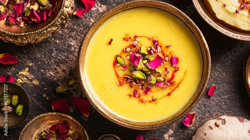 A luxurious flat lay of saffron-infused kheer, garnished with rose petals and pistachios, surrounded by festive Diwali decor photo