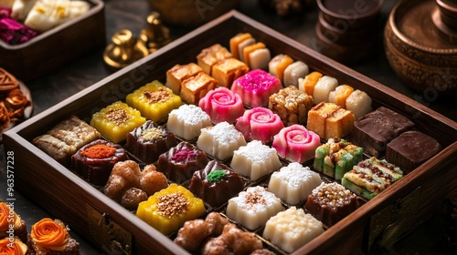 A modern Diwali sweets box with gourmet variations of traditional mithai, including rose-infused kaju katli and chocolate-drizzled peda photo