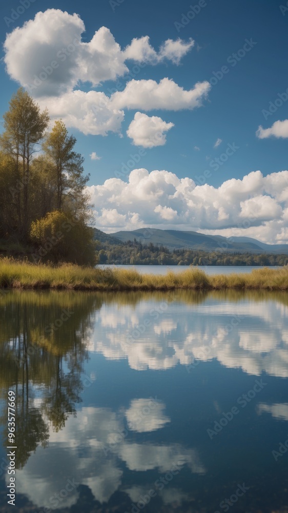 Serene landscape of a clear blue lake under a sunny sky with fluffy clouds. Serene landscape of a clear blue lake under a sunny sky with fluffy clouds.