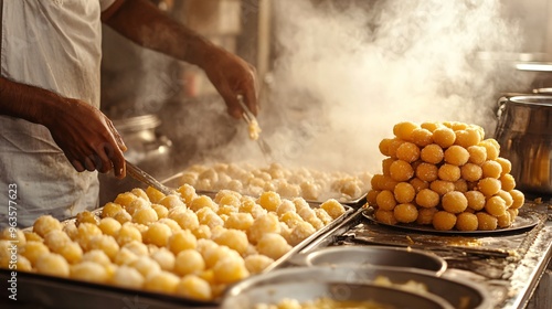 A traditional Indian kitchen scene with mithai being made, including stacks of freshly made laddus and jalebis cooling on a tray photo