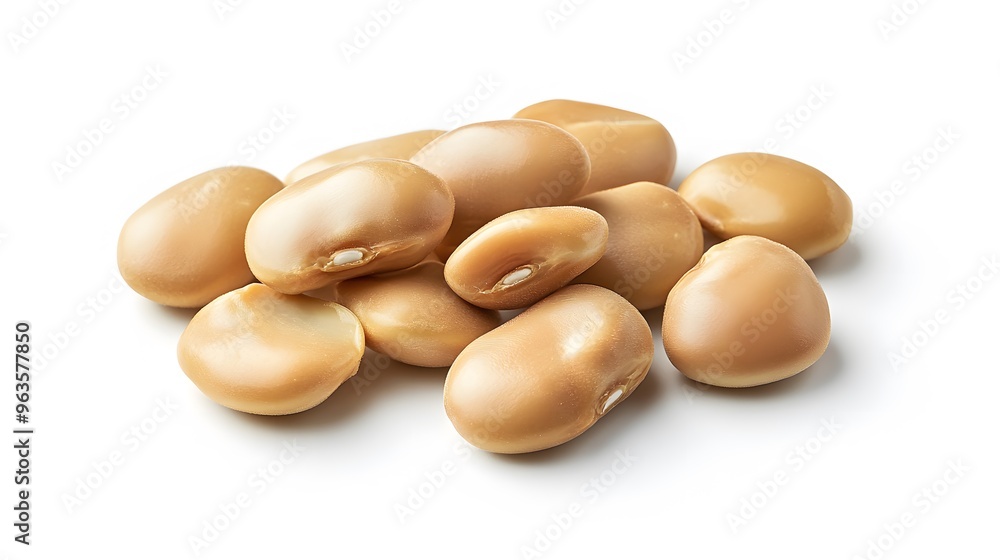 Realistic close-up of dried fava beans on a white background, highlighting their slightly wrinkled surface and beige color with subtle shadows Realistic close-up of dried fava beans on a white background, highlighting their slightly wrinkled surface and beige color with subtle shadows