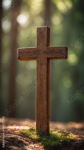 Wooden Cross in Serene Forest Landscape with Dappled Sunlight.