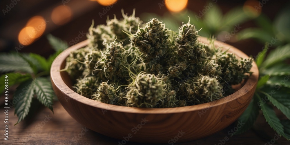Fresh organic cannabis leaves in wooden bowl. Fresh organic cannabis leaves in wooden bowl.