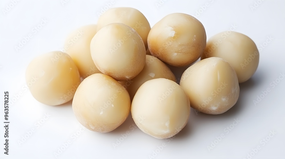 Realistic arrangement of raw macadamia nuts on a white background, focusing on their round, smooth appearance and light, creamy color with soft lighting Realistic arrangement of raw macadamia nuts on a white background, focusing on their round, smooth appearance and light, creamy color with soft lighting