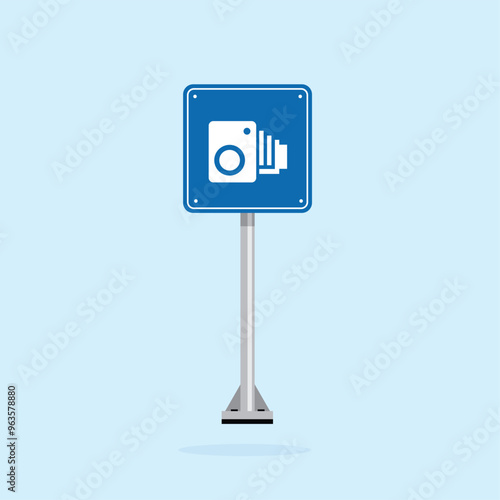 road sign icon, minimalist camera monitored area symbol in blue checkered board. suitable for poster and web icon use