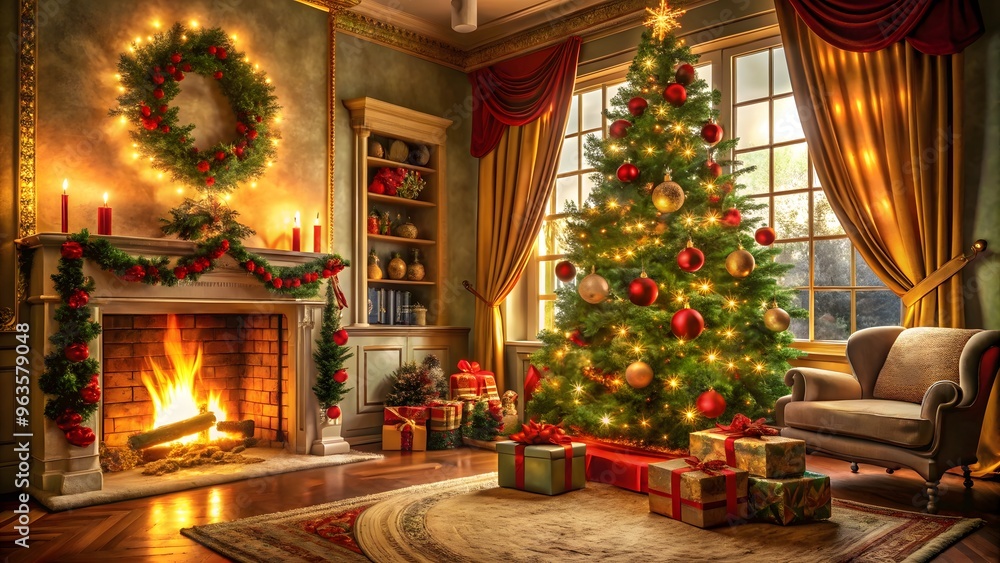 Christmas Festive Living Room with a Glowing Tree and Gifts Christmas Festive Living Room with a Glowing Tree and Gifts