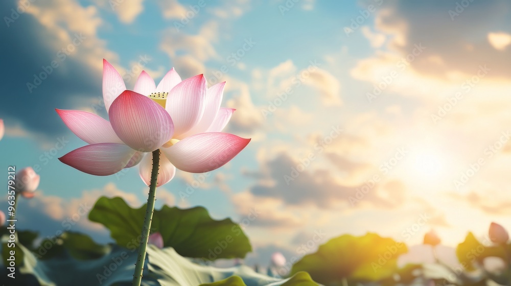 Fototapeta premium Pink Lotus Flower Against Cloudy Sunset Sky