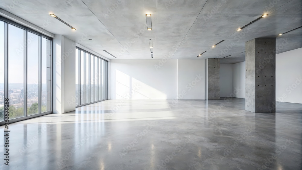 Empty room with modern interior design, featuring white walls and concrete floor Empty room with modern interior design, featuring white walls and concrete floor