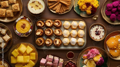 Diwali dessert spread featuring regional sweets from across India: south Indian mysore pak, Bengali sandesh and Rajasthani ghevar, each presented with regional decorations photo