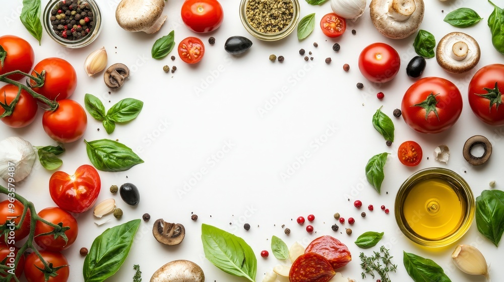White background with a flat lay arrangement of fresh vegetables including tomatoes and basil leaves along the bottom edge. Surrounded by pizza ingredients like olive oil, garlic cloves, oregano, White background with a flat lay arrangement of fresh vegetables including tomatoes and basil leaves along the bottom edge. Surrounded by pizza ingredients like olive oil, garlic cloves, oregano,