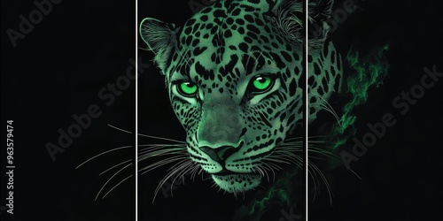 Green Leopard with Green Eyes on Black Background. AI generated illustration photo