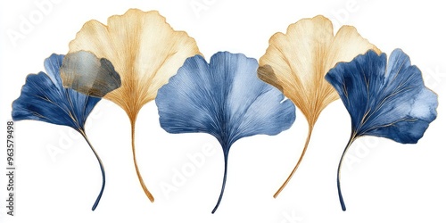 Blue and Gold Ginkgo Leaves on White Background. AI generated illustration photo