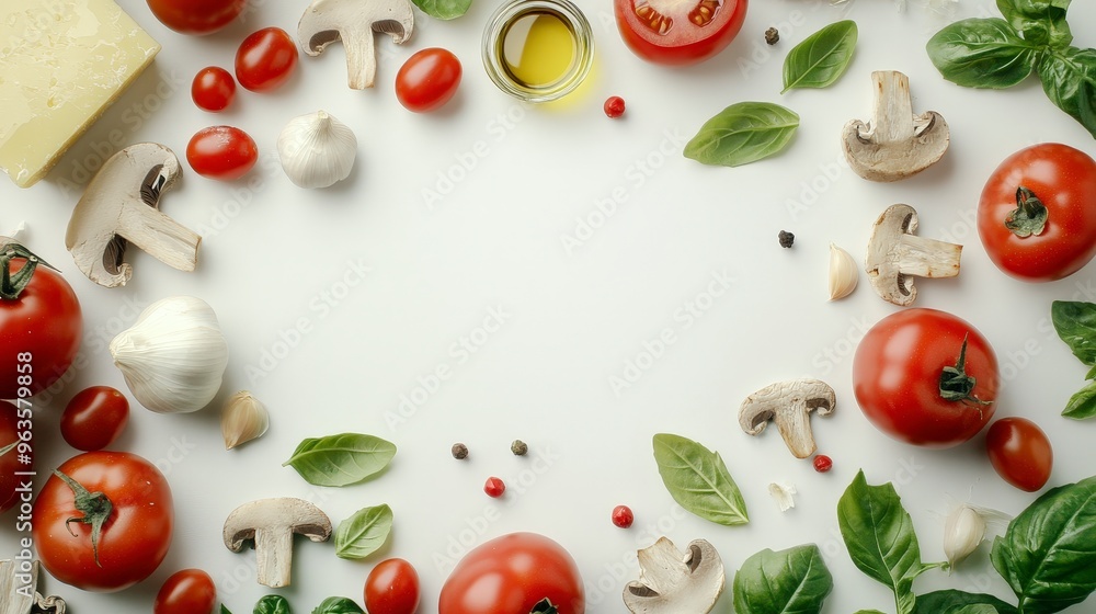 Cinematic flat lay photo on a white background featuring fresh tomatoes and basil leaves along the bottom. Surrounded by pizza ingredients such as olive oil, garlic cloves, oregano, mushrooms, Cinematic flat lay photo on a white background featuring fresh tomatoes and basil leaves along the bottom. Surrounded by pizza ingredients such as olive oil, garlic cloves, oregano, mushrooms,