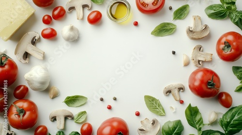 Cinematic flat lay photo on a white background featuring fresh tomatoes and basil leaves along the bottom. Surrounded by pizza ingredients such as olive oil, garlic cloves, oregano, mushrooms,