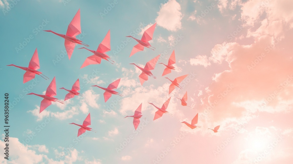 Pink Origami Birds Flying in a Cloudy Sky Pink Origami Birds Flying in a Cloudy Sky