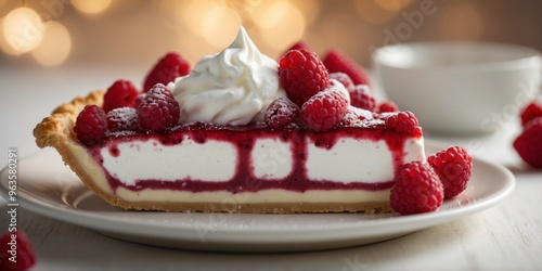 a piece of pie with raspberries and whipped cream.