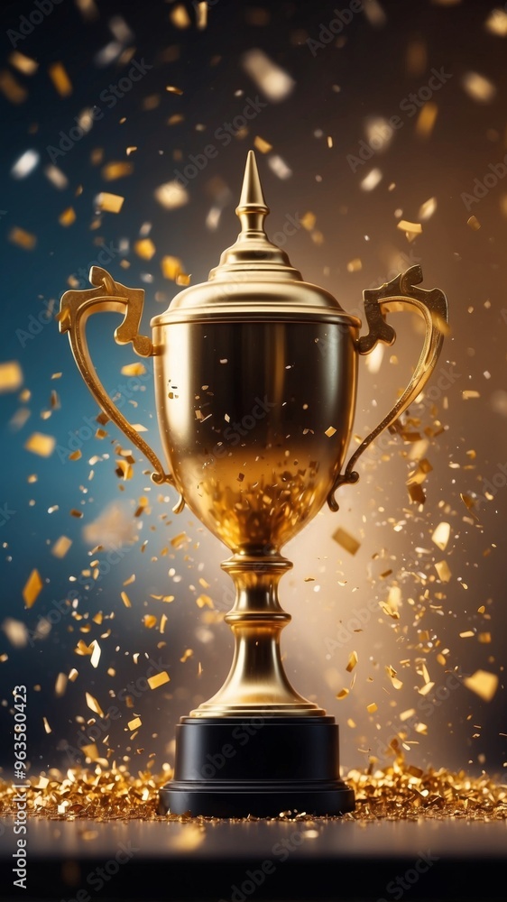 Fototapeta premium golden trophy award with falling confetti.