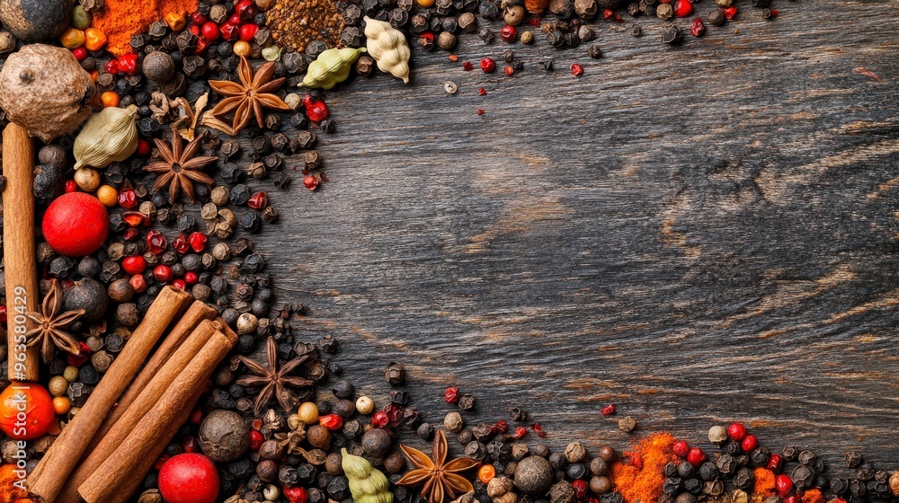 Fototapeta premium Colorful mix of spices including black pepper, cayenne pepper, cardamom, cinnamon sticks, star anise, nutmegs, and cloves scattered on a dark wood background with copy space. The vibrant colors