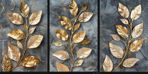 Abstract Botanical Wall Art Panels with Gold and Silver Leaves. AI generated illustration photo