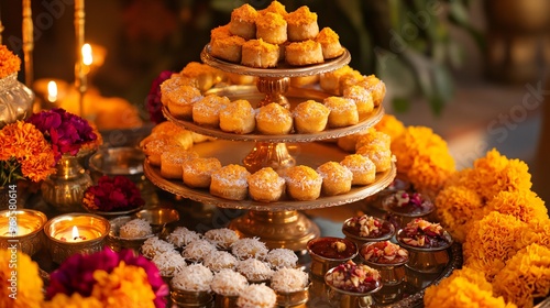 Tiered serving tray with kaju rolls, besan laddus, and coconut barfi, surrounded by soft-glowing diyas and marigold garlands photo