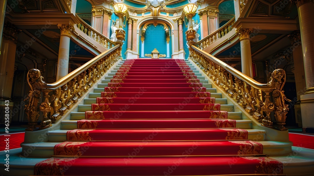 Obraz premium Ornate Grand Staircase with Red Carpet and Gold Railings