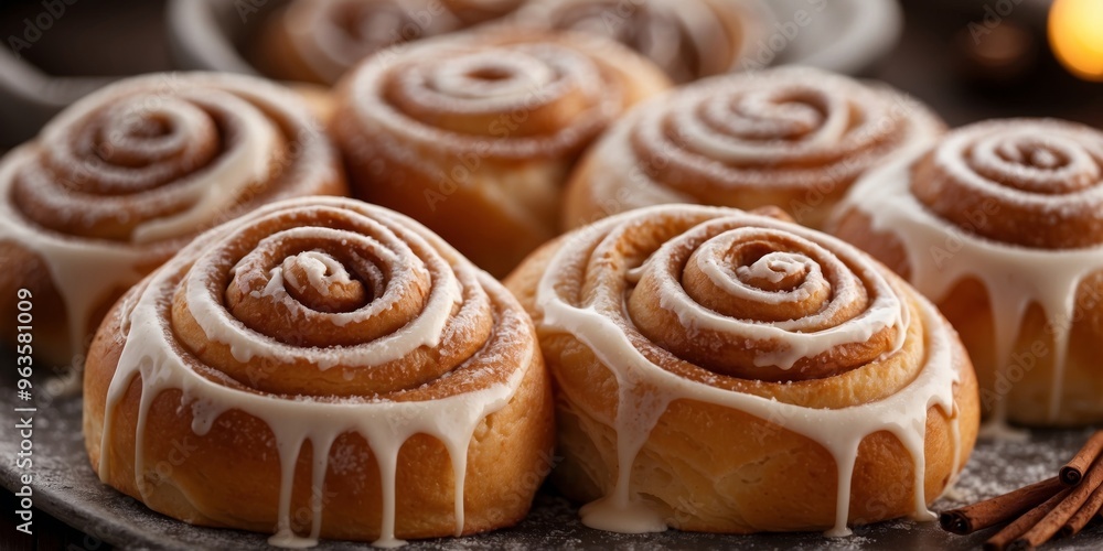A platter of freshly baked cinnamon rolls drizzled with sweet icing and sprinkled with cinnamon sugar. A platter of freshly baked cinnamon rolls drizzled with sweet icing and sprinkled with cinnamon sugar.