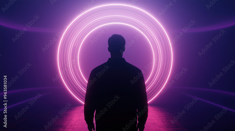 A silhouetted figure stands in a vibrant, neon-lit space, surrounded by circular light patterns and a captivating atmosphere. high quality A silhouetted figure stands in a vibrant, neon-lit space, surrounded by circular light patterns and a captivating atmosphere. high quality