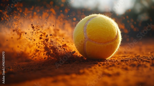 Wallpaper Mural Dynamic close-up of a tennis ball in action on a clay court, kicking up dust as it hits the ground with energy and power, perfect for sports concepts Torontodigital.ca