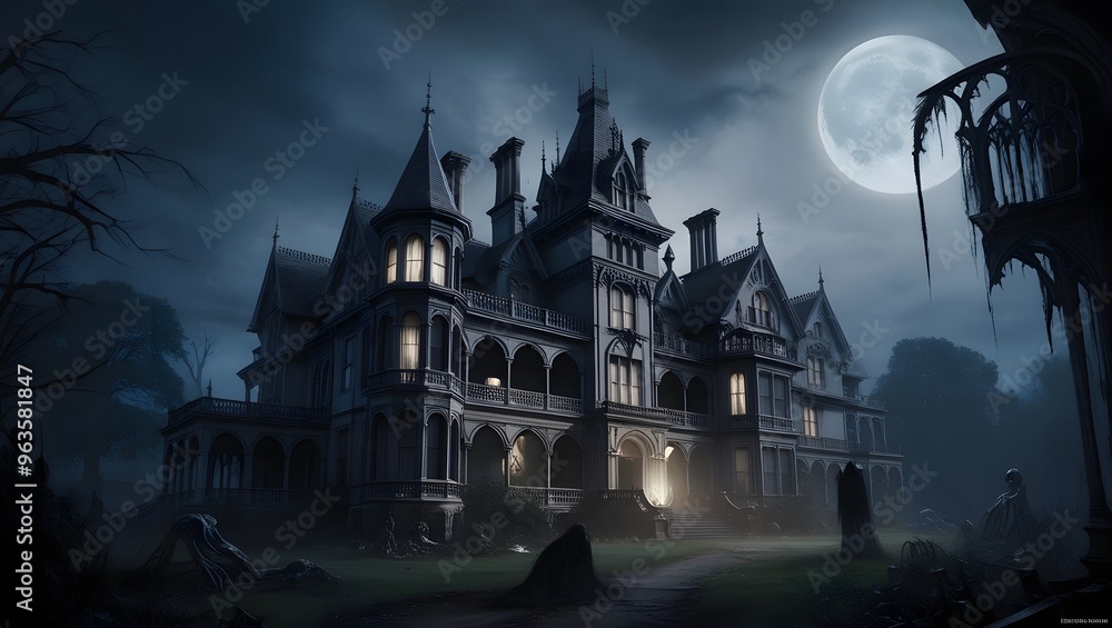 A haunted Victorian mansion bathed in moonlight, with a spectral figure lurking in the shadows. Gothic architecture, eerie atmosphere, dark color palette A haunted Victorian mansion bathed in moonlight, with a spectral figure lurking in the shadows. Gothic architecture, eerie atmosphere, dark color palette