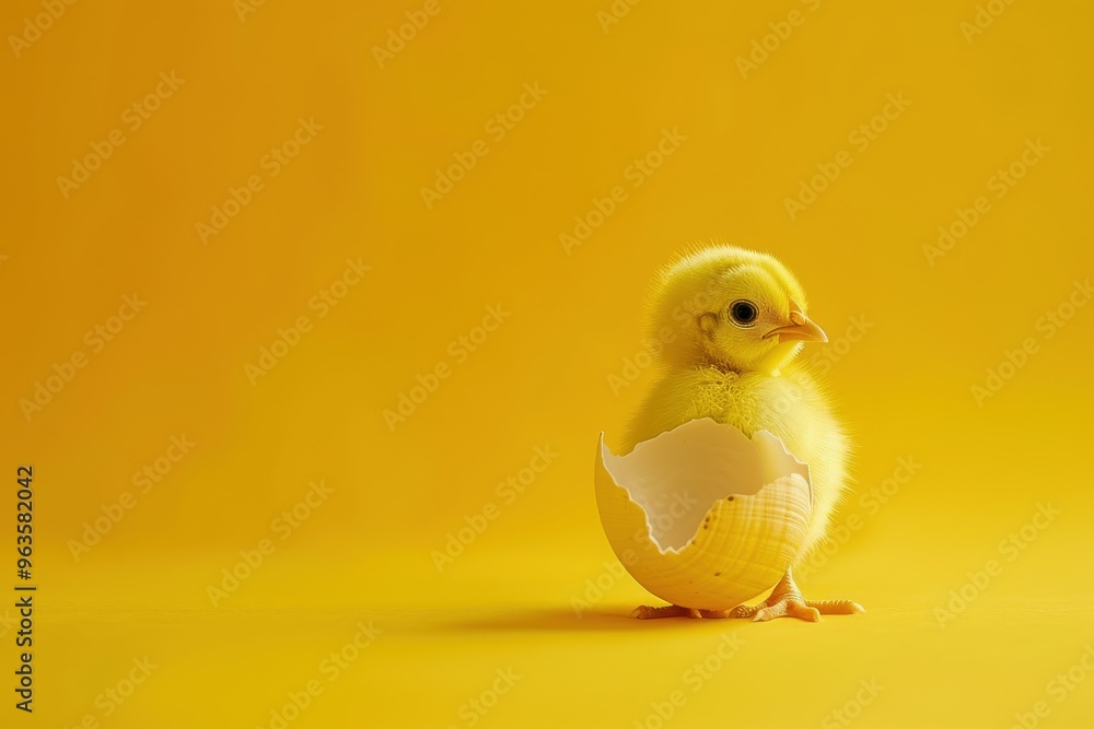 A baby chick is sitting in an eggshell on a yellow background, generative ai image A baby chick is sitting in an eggshell on a yellow background, generative ai image