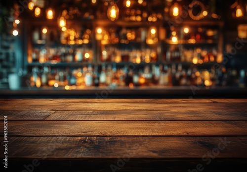 Empty wooden table top with a blurred bokeh background of a night bar interior