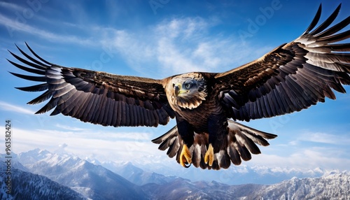 Wallpaper Mural A powerful eagle with outstretched wings glides gracefully above a stunning snow-capped mountain range under a clear blue sky. The image captures the beauty and freedom of nature, highlighting the Torontodigital.ca