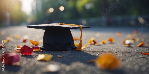 a graduation cap left and thrown on the ground. photo